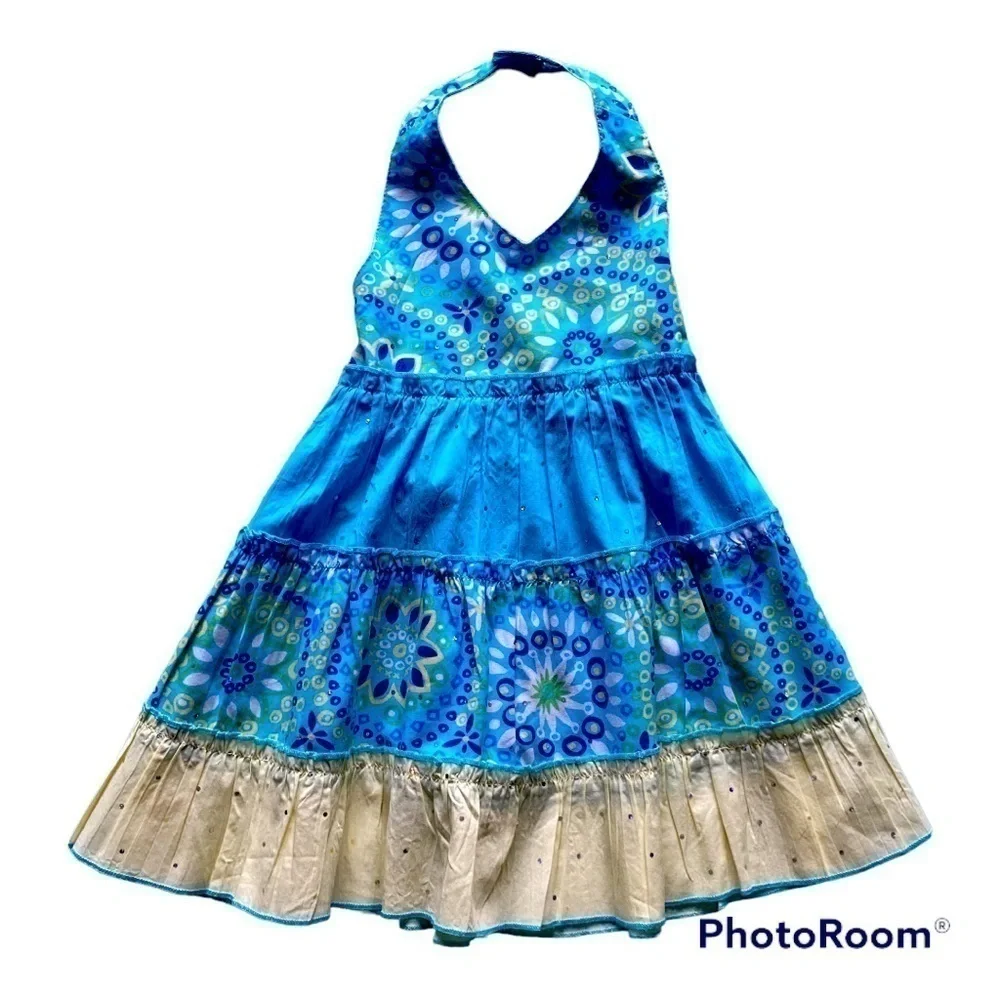 BLUE BERI BLVD-BLUE AND YELLOW BOHO STYLE HALTER DRESS-SZ 24 MONTHS